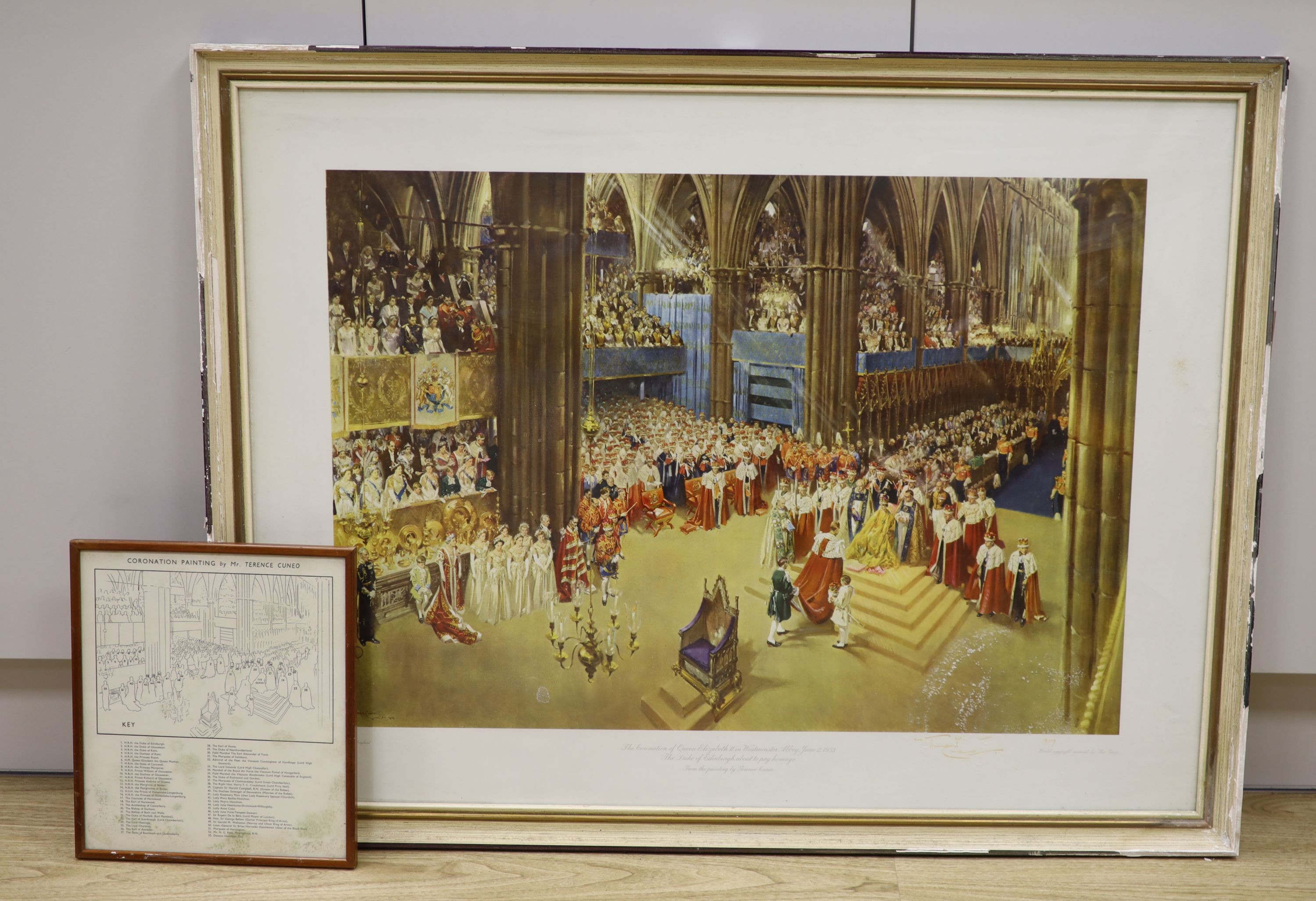 After Terence Cuneo (1907-1996), limited edition colour print, 'The Coronation of Queen Elizabeth II', signed and numbered 317, 69 x 92cm, together with a key to prominent figures